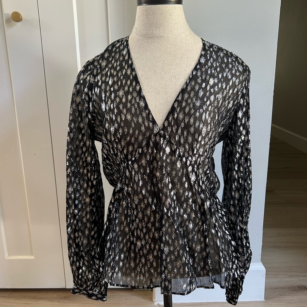 NWT The Kooples Metallic Sheer Printed Blouse – Size T1 (XS/S)
